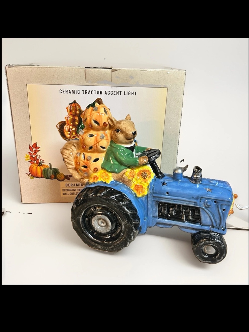Cracker Barrel Ceramic Squirrel On Tractor Light Up Fall Thanksgiving NIB